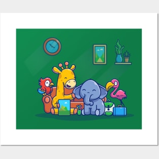 Happy Animals Playing Cartoon Posters and Art